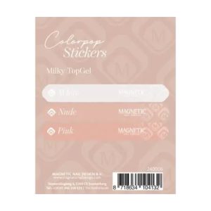 Magnetic color pop stickervel met Milky topcoat voorbeelden voor nagelstylisten ter promotie en kleurkeuze in de salon