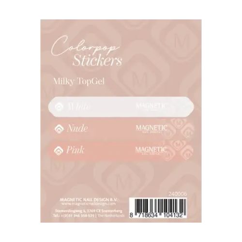 Magnetic color pop stickervel met Milky topcoat voorbeelden voor nagelstylisten ter promotie en kleurkeuze in de salon